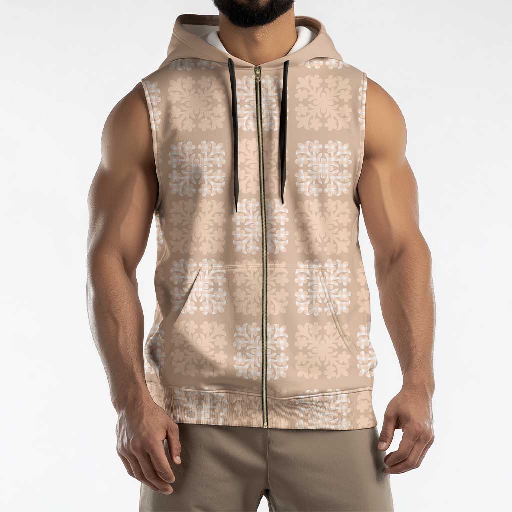 Beige Palaka Quilt Hawaii Sleeveless Zip Hoodie Traditional Hawaii-plaid Pattern - Polynesian Pride