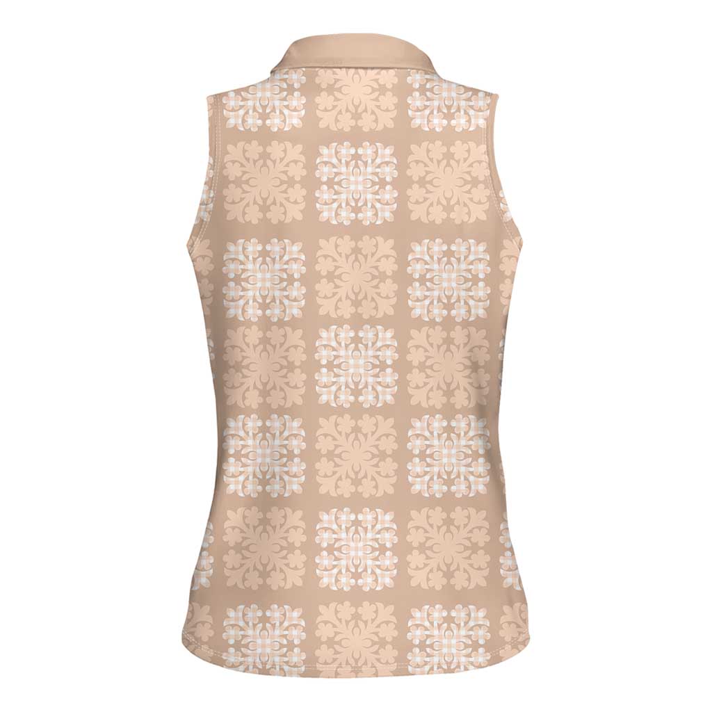 Beige Palaka Quilt Hawaii Women Sleeveless Polo Shirt Traditional Hawaii-plaid Pattern - Polynesian Pride