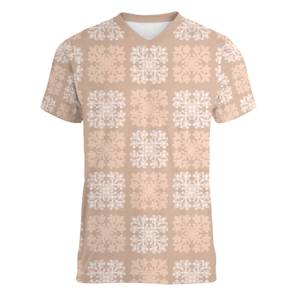 Beige Palaka Quilt Hawaii Women V-Neck T-Shirt Traditional Hawaii-plaid Pattern - Polynesian Pride