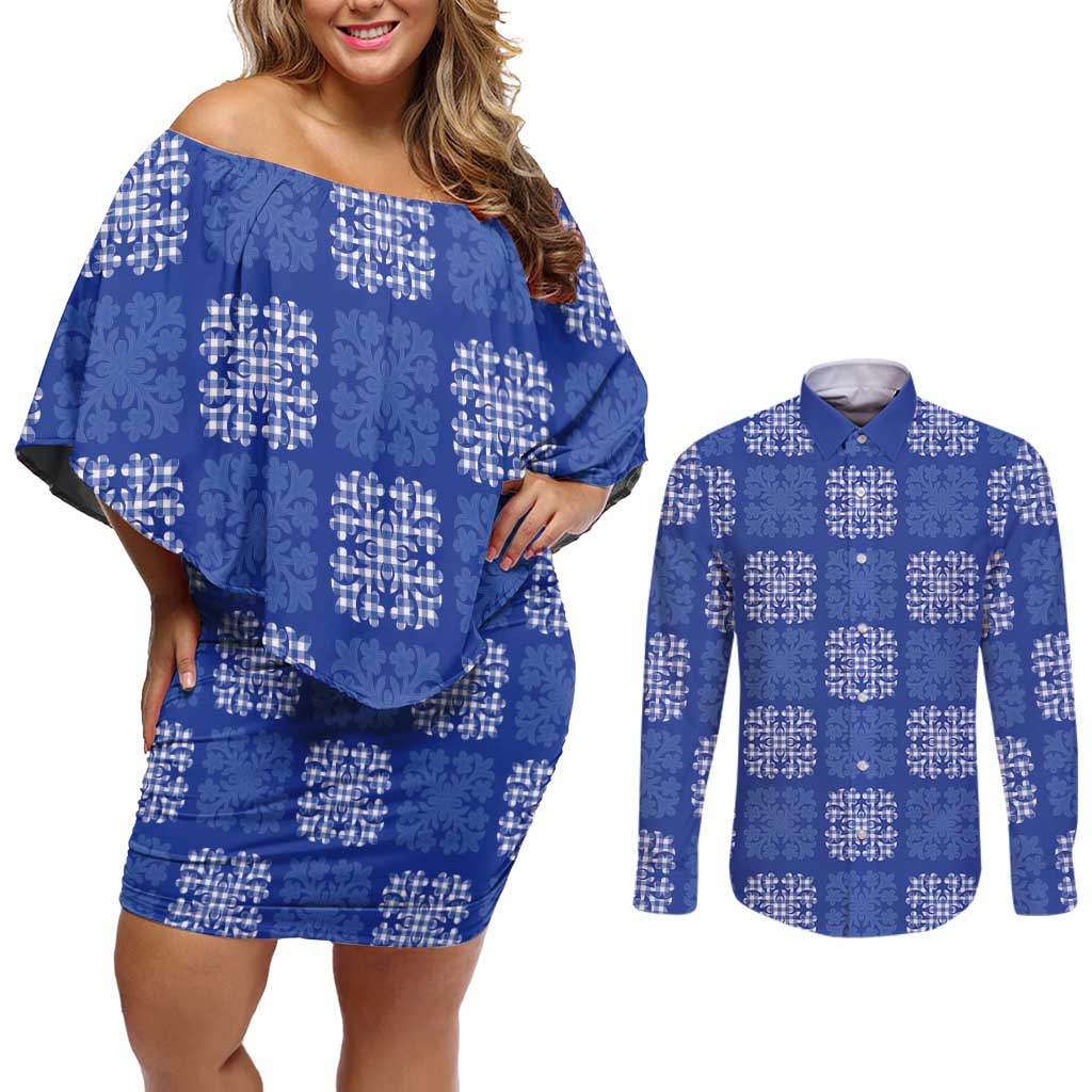 Royal Blue Palaka Quilt Hawaii Couples Matching Off Shoulder Short Dress and Long Sleeve Button Shirt Traditional Hawaii-plaid Pattern - Polynesian Pride