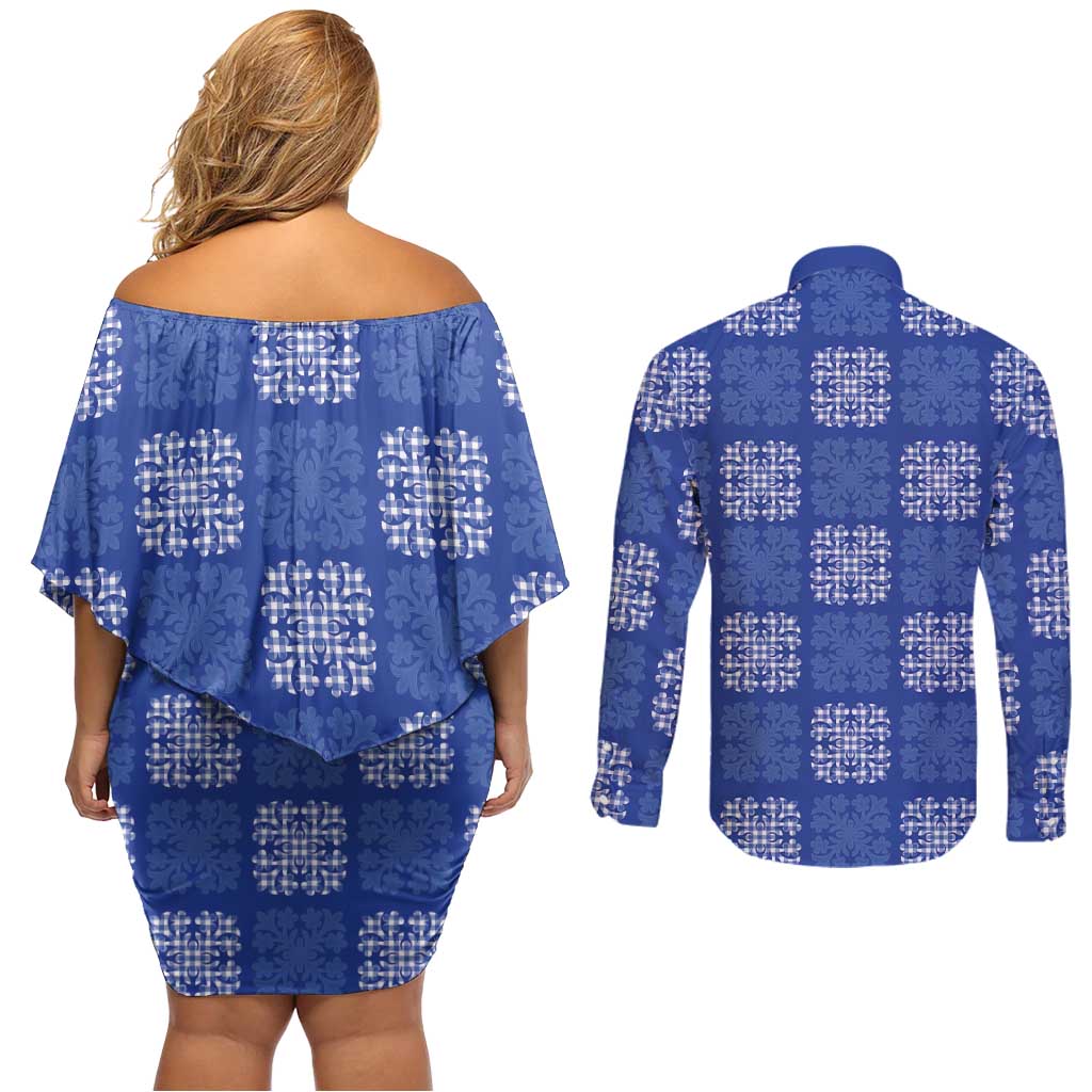 Royal Blue Palaka Quilt Hawaii Couples Matching Off Shoulder Short Dress and Long Sleeve Button Shirt Traditional Hawaii-plaid Pattern - Polynesian Pride