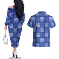 Royal Blue Palaka Quilt Hawaii Couples Matching Off The Shoulder Long Sleeve Dress and Hawaiian Shirt Traditional Hawaii-plaid Pattern - Polynesian Pride