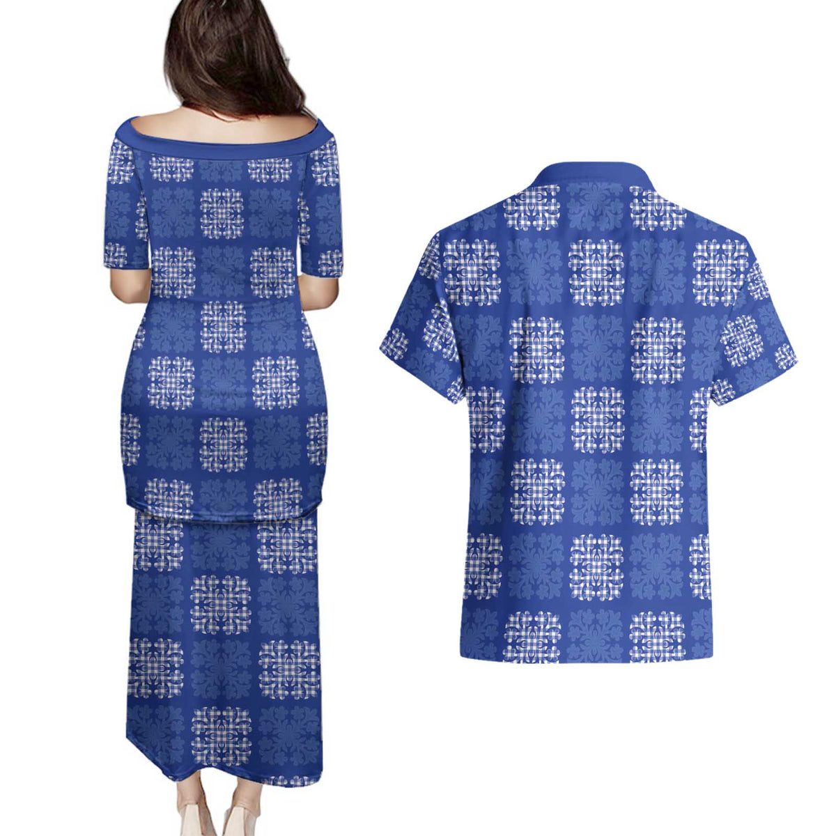 Royal Blue Palaka Quilt Hawaii Couples Matching Puletasi and Hawaiian Shirt Traditional Hawaii-plaid Pattern - Polynesian Pride