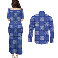 Royal Blue Palaka Quilt Hawaii Couples Matching Puletasi and Long Sleeve Button Shirt Traditional Hawaii-plaid Pattern - Polynesian Pride