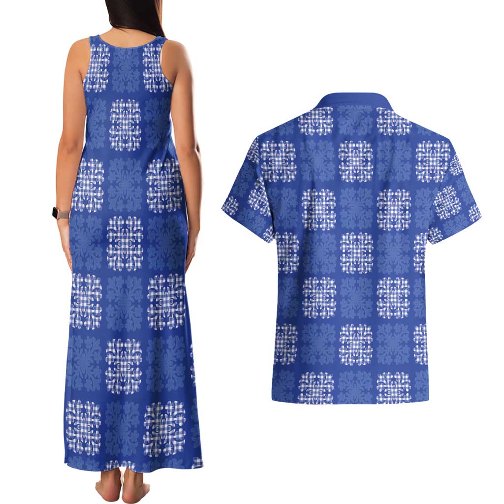 Royal Blue Palaka Quilt Hawaii Couples Matching Tank Maxi Dress and Hawaiian Shirt Traditional Hawaii-plaid Pattern - Polynesian Pride