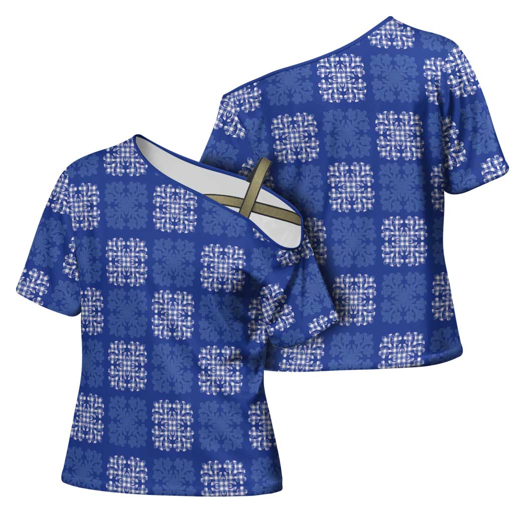 Royal Blue Palaka Quilt Hawaii Cross Shoulder Shirt Traditional Hawaii-plaid Pattern - Polynesian Pride