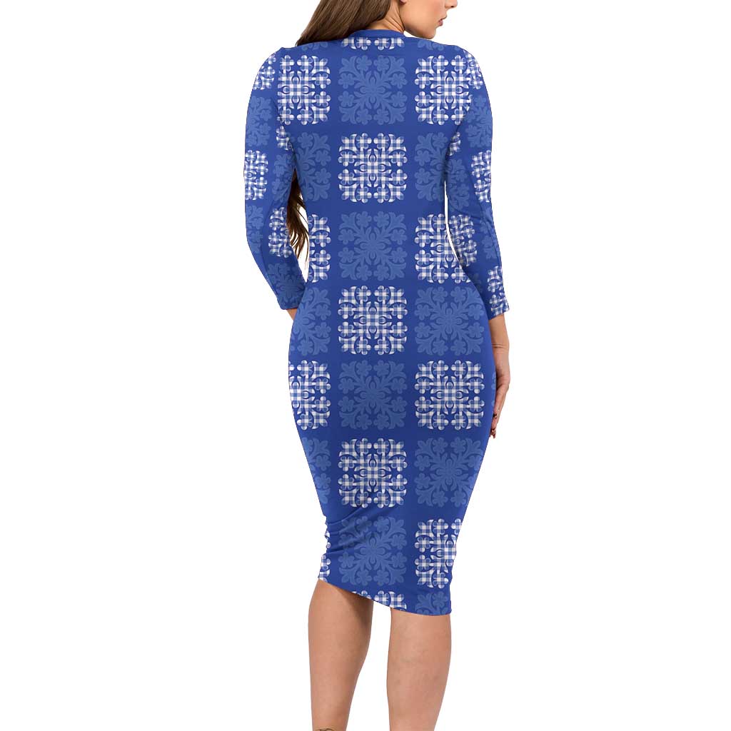 Royal Blue Palaka Quilt Hawaii Family Matching Long Sleeve Bodycon Dress and Hawaiian Shirt Traditional Hawaii-plaid Pattern - Polynesian Pride