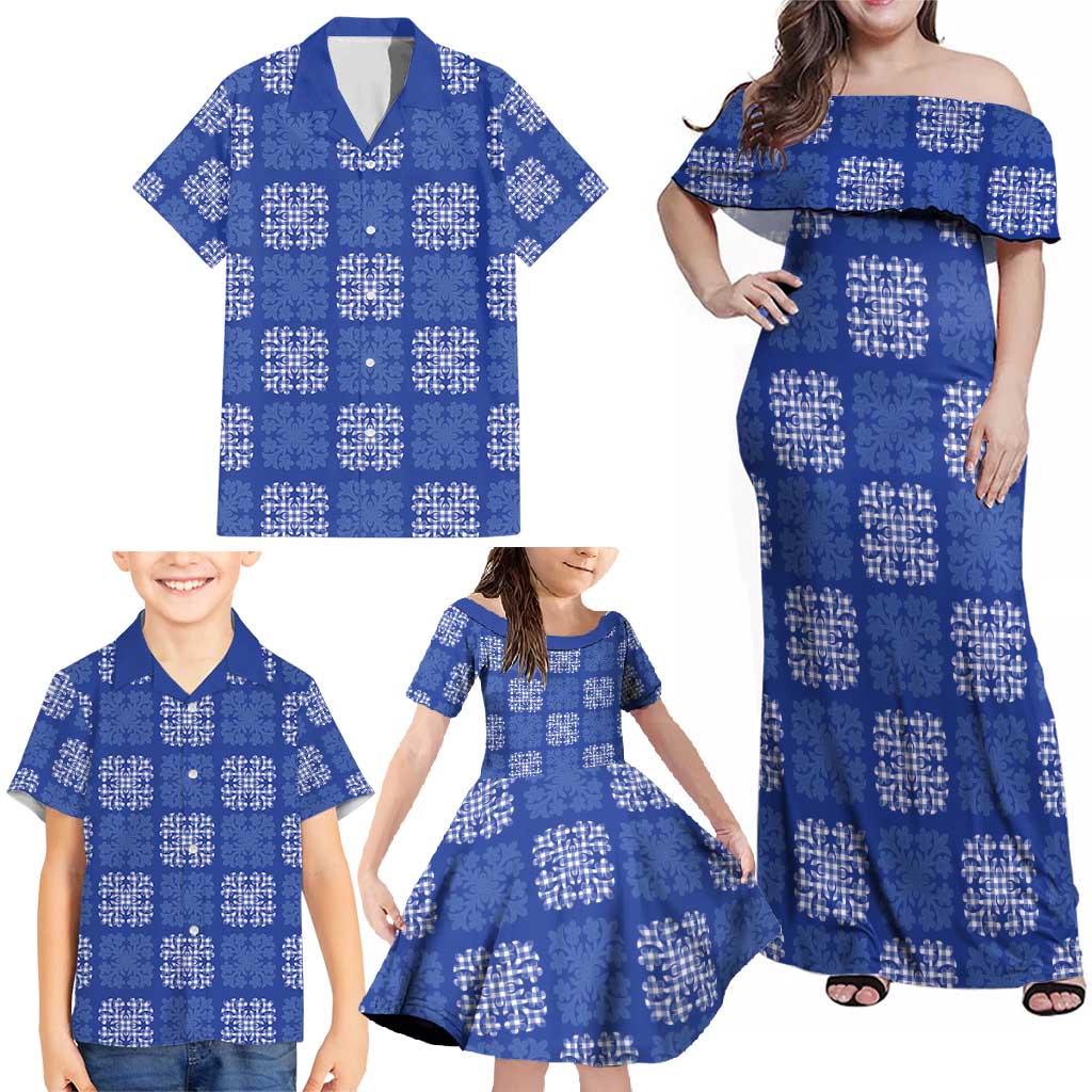 Royal Blue Palaka Quilt Hawaii Family Matching Off Shoulder Maxi Dress and Hawaiian Shirt Traditional Hawaii-plaid Pattern - Polynesian Pride