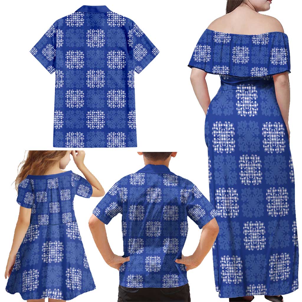 Royal Blue Palaka Quilt Hawaii Family Matching Off Shoulder Maxi Dress and Hawaiian Shirt Traditional Hawaii-plaid Pattern - Polynesian Pride