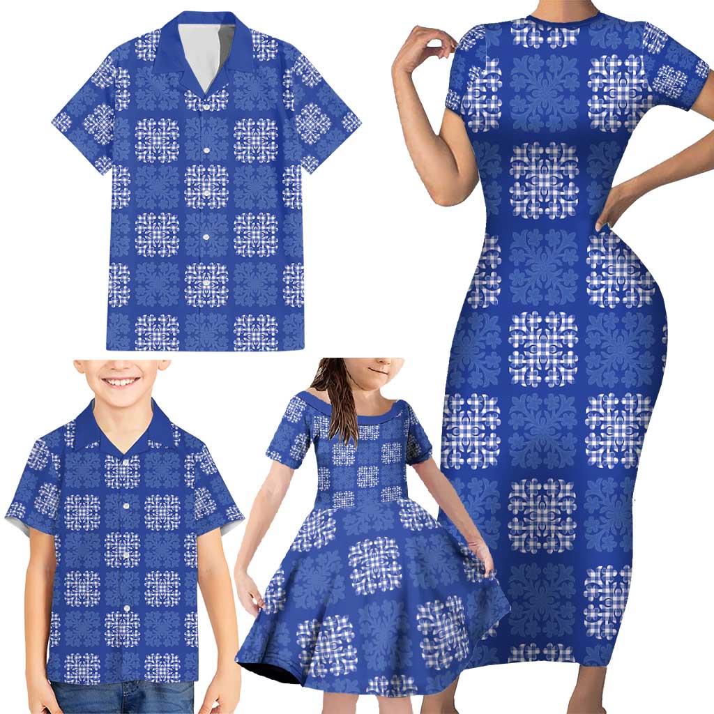 Royal Blue Palaka Quilt Hawaii Family Matching Short Sleeve Bodycon Dress and Hawaiian Shirt Traditional Hawaii-plaid Pattern - Polynesian Pride
