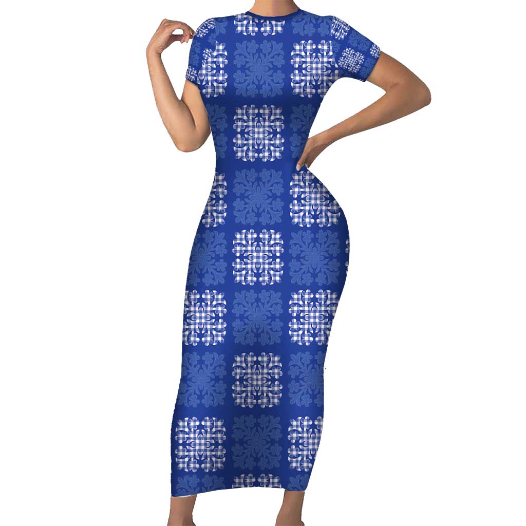 Royal Blue Palaka Quilt Hawaii Family Matching Short Sleeve Bodycon Dress and Hawaiian Shirt Traditional Hawaii-plaid Pattern - Polynesian Pride