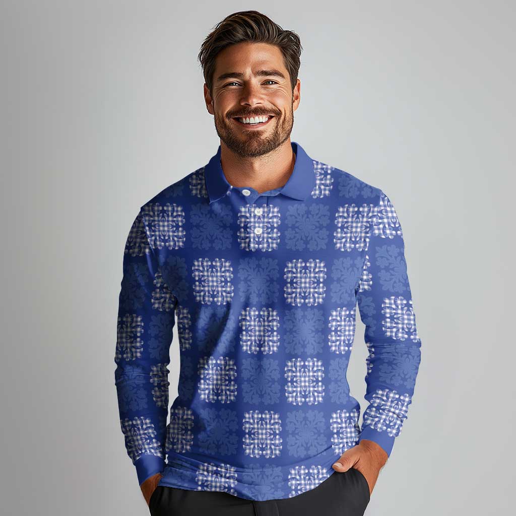Royal Blue Palaka Quilt Hawaii Long Sleeve Polo Shirt Traditional Hawaii-plaid Pattern - Polynesian Pride