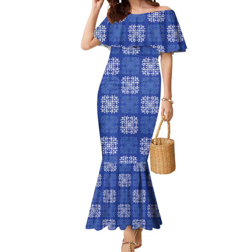 Royal Blue Palaka Quilt Hawaii Mermaid Dress Traditional Hawaii-plaid Pattern - Polynesian Pride