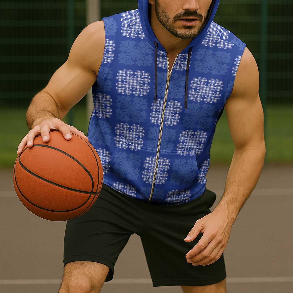 Royal Blue Palaka Quilt Hawaii Sleeveless Zip Hoodie Traditional Hawaii-plaid Pattern - Polynesian Pride