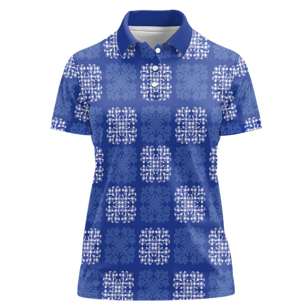 Royal Blue Palaka Quilt Hawaii Women Polo Shirt Traditional Hawaii-plaid Pattern - Polynesian Pride