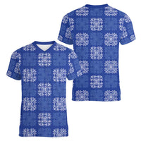 Royal Blue Palaka Quilt Hawaii Women V-Neck T-Shirt Traditional Hawaii-plaid Pattern - Polynesian Pride