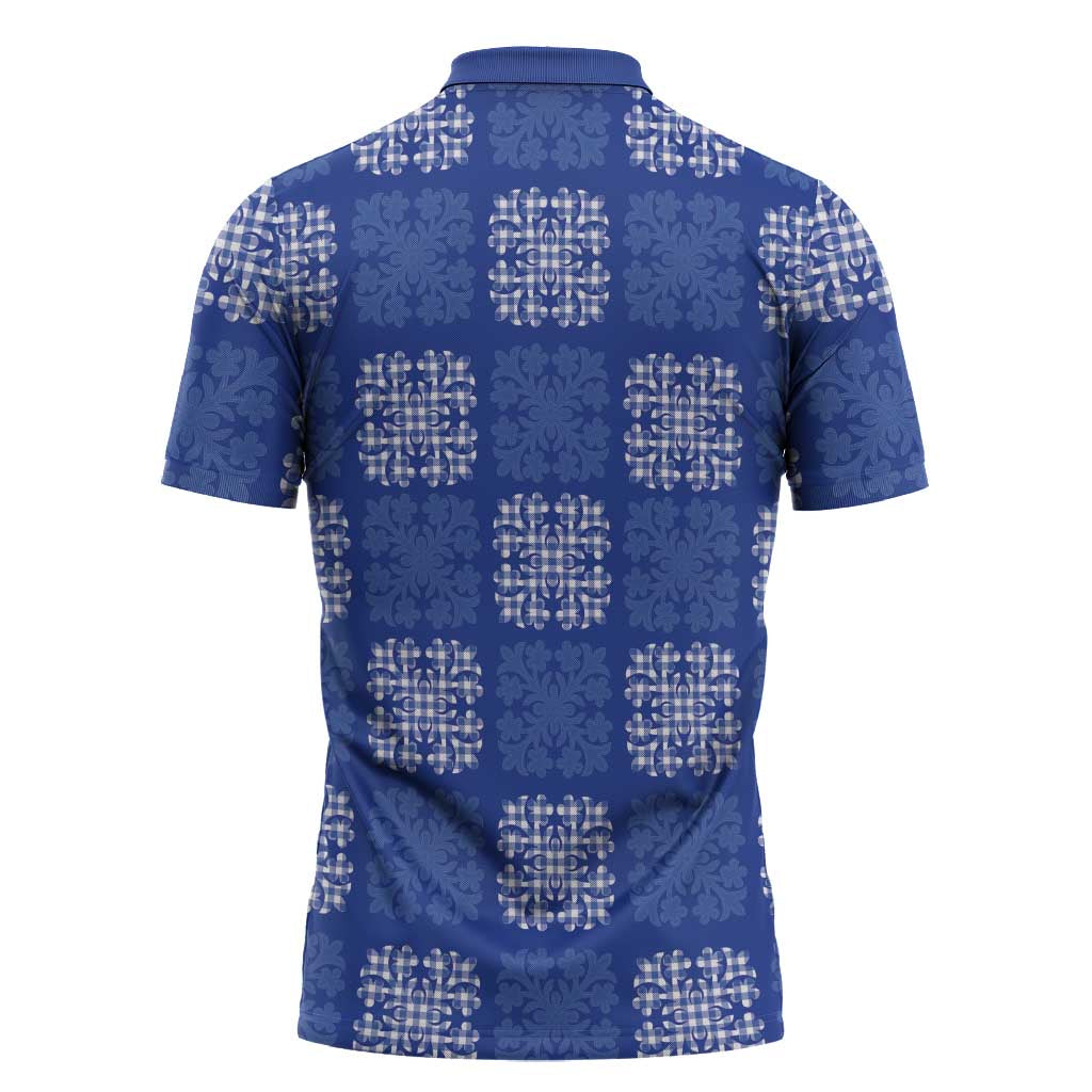 Royal Blue Palaka Quilt Hawaii Zipper Polo Shirt Traditional Hawaii-plaid Pattern - Polynesian Pride