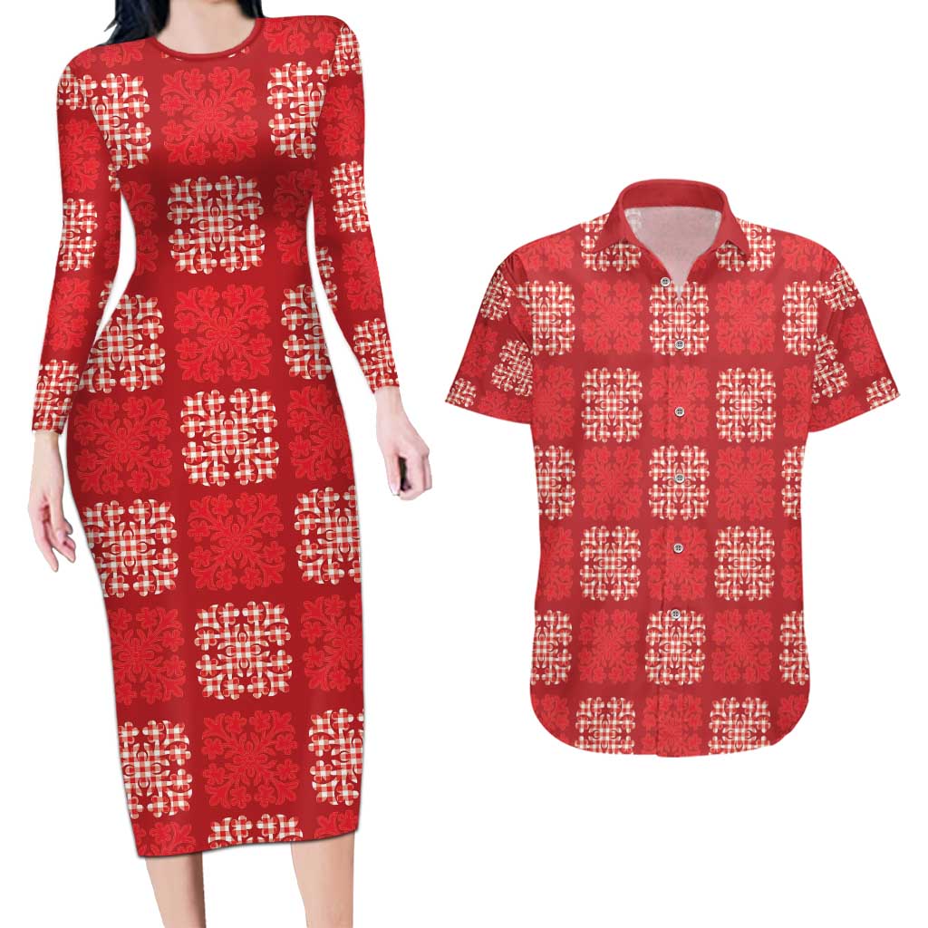 Red Palaka Quilt Hawaii Couples Matching Long Sleeve Bodycon Dress and Hawaiian Shirt Traditional Hawaii-plaid Pattern - Polynesian Pride