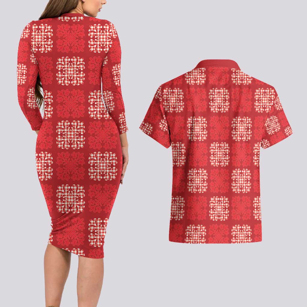 Red Palaka Quilt Hawaii Couples Matching Long Sleeve Bodycon Dress and Hawaiian Shirt Traditional Hawaii-plaid Pattern - Polynesian Pride
