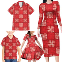 Red Palaka Quilt Hawaii Family Matching Long Sleeve Bodycon Dress and Hawaiian Shirt Traditional Hawaii-plaid Pattern - Polynesian Pride