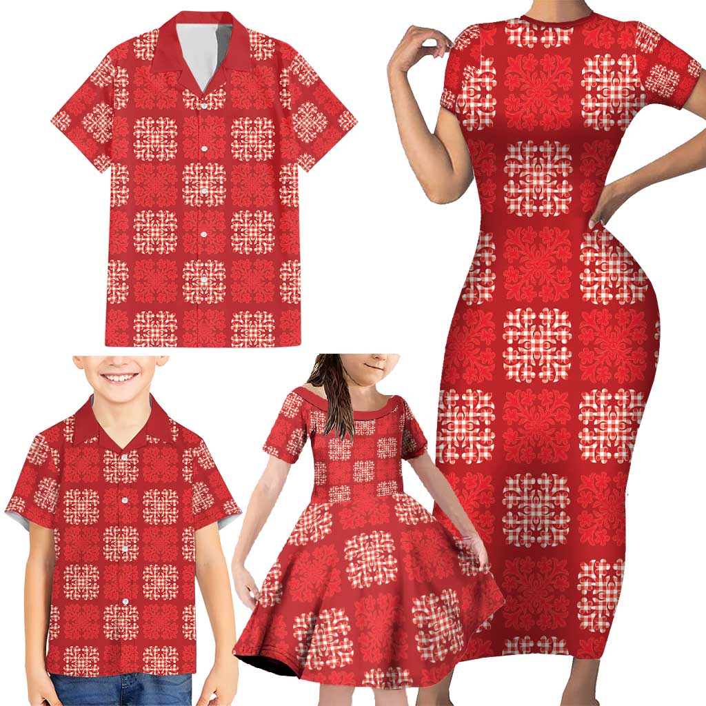 Red Palaka Quilt Hawaii Family Matching Short Sleeve Bodycon Dress and Hawaiian Shirt Traditional Hawaii-plaid Pattern - Polynesian Pride