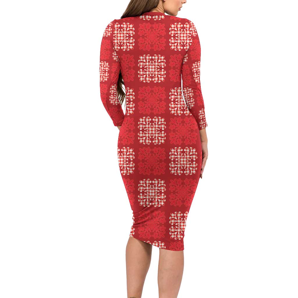 Red Palaka Quilt Hawaii Long Sleeve Bodycon Dress Traditional Hawaii-plaid Pattern - Polynesian Pride