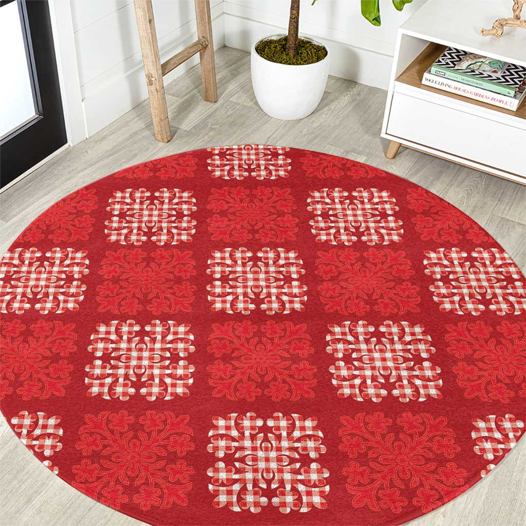 Red Palaka Quilt Hawaii Round Carpet Traditional Hawaii-plaid Pattern - Polynesian Pride
