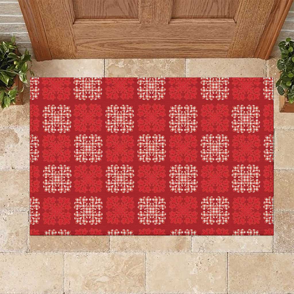 Red Palaka Quilt Hawaii Rubber Doormat Traditional Hawaii-plaid Pattern - Polynesian Pride