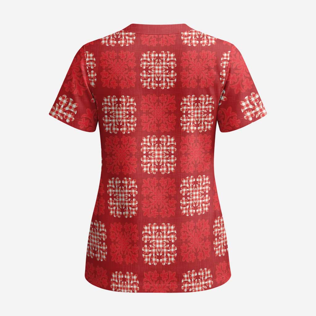 Red Palaka Quilt Hawaii Scrub Top Traditional Hawaii-plaid Pattern - Polynesian Pride