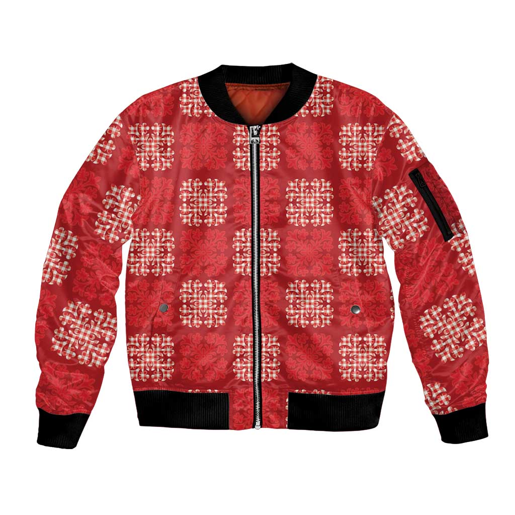 Red Palaka Quilt Hawaii Sleeve Zip Bomber Jacket Traditional Hawaii-plaid Pattern - Polynesian Pride