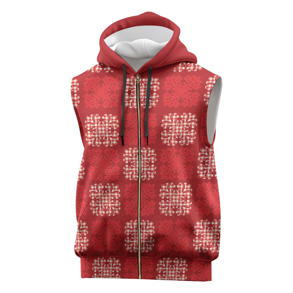 Red Palaka Quilt Hawaii Sleeveless Zip Hoodie Traditional Hawaii-plaid Pattern - Polynesian Pride