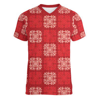 Red Palaka Quilt Hawaii Women V-Neck T-Shirt Traditional Hawaii-plaid Pattern - Polynesian Pride