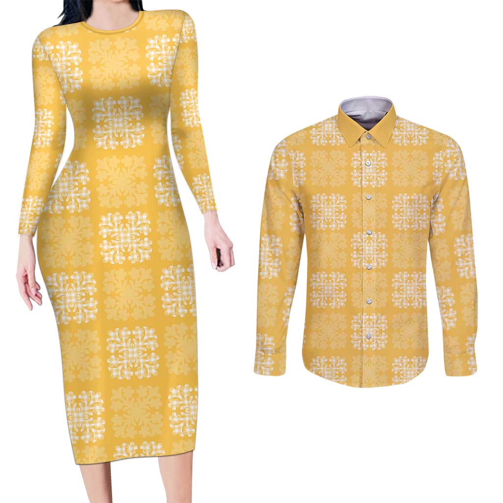 Yellow Palaka Quilt Hawaii Couples Matching Long Sleeve Bodycon Dress and Long Sleeve Button Shirt Traditional Hawaii-plaid Pattern - Polynesian Pride