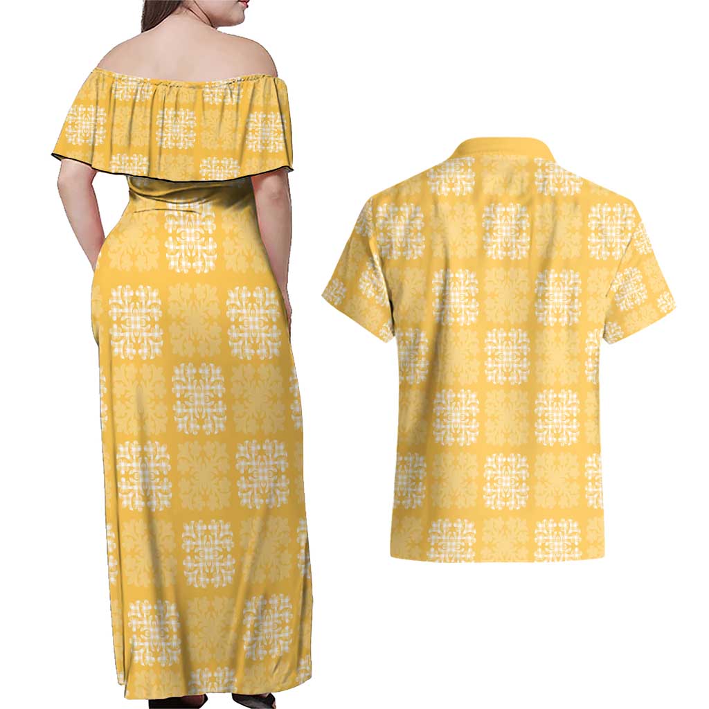 Yellow Palaka Quilt Hawaii Couples Matching Off Shoulder Maxi Dress and Hawaiian Shirt Traditional Hawaii-plaid Pattern - Polynesian Pride