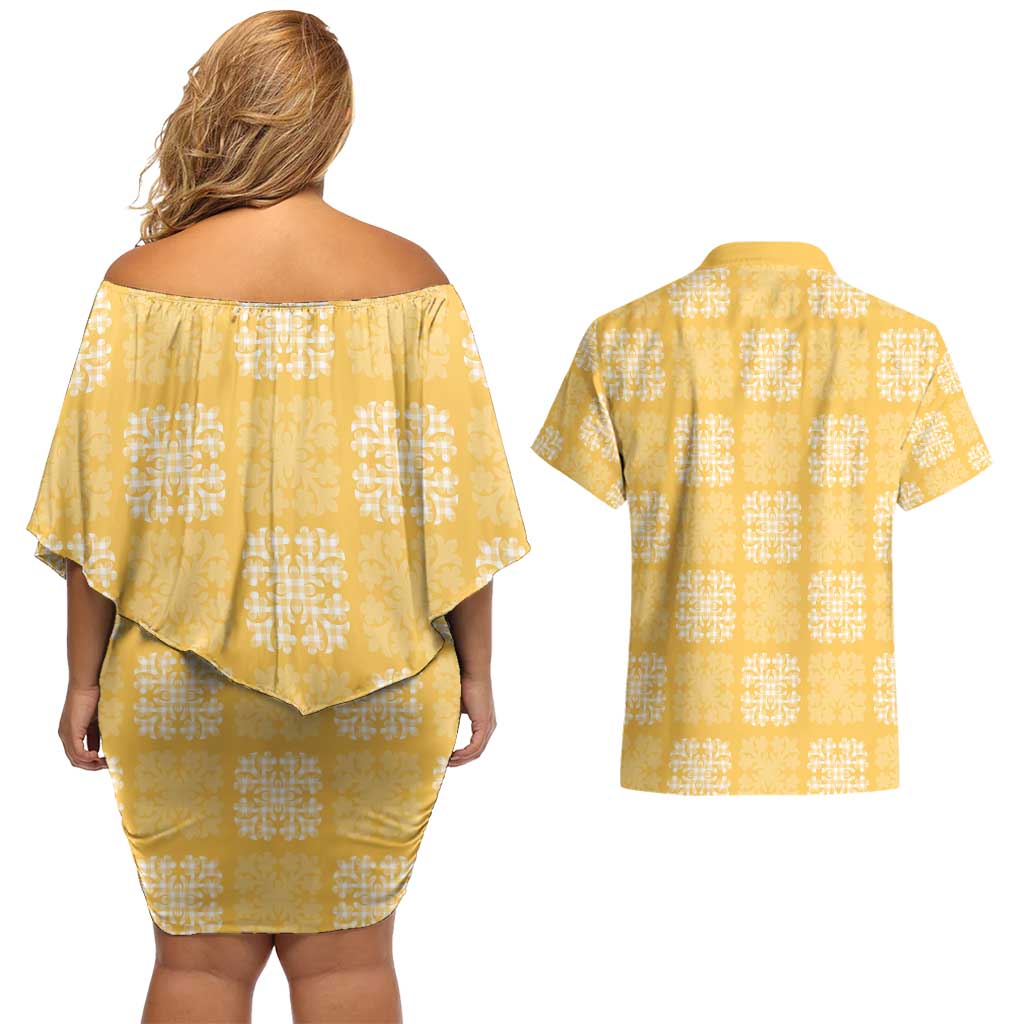 Yellow Palaka Quilt Hawaii Couples Matching Off Shoulder Short Dress and Hawaiian Shirt Traditional Hawaii-plaid Pattern - Polynesian Pride