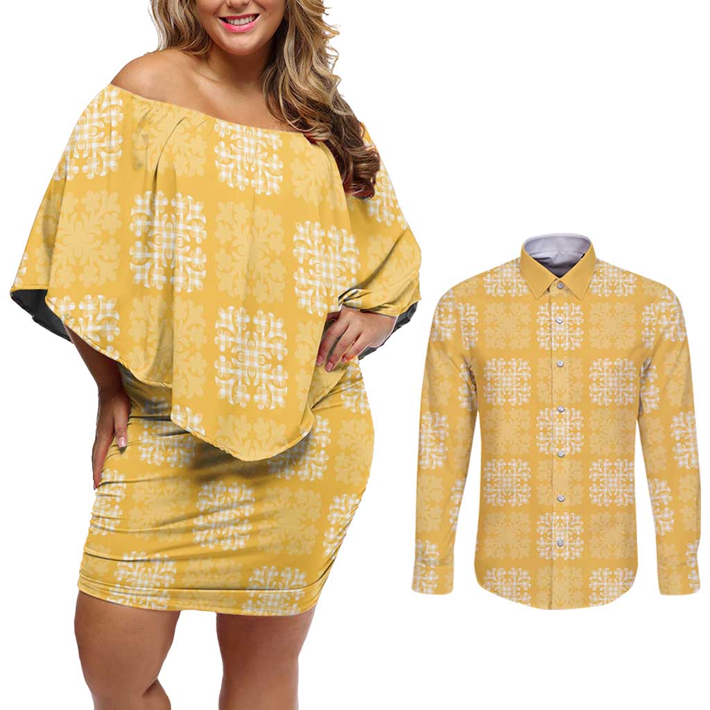 Yellow Palaka Quilt Hawaii Couples Matching Off Shoulder Short Dress and Long Sleeve Button Shirt Traditional Hawaii-plaid Pattern - Polynesian Pride