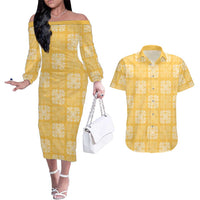 Yellow Palaka Quilt Hawaii Couples Matching Off The Shoulder Long Sleeve Dress and Hawaiian Shirt Traditional Hawaii-plaid Pattern - Polynesian Pride