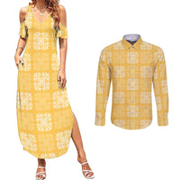 Yellow Palaka Quilt Hawaii Couples Matching Summer Maxi Dress and Long Sleeve Button Shirt Traditional Hawaii-plaid Pattern - Polynesian Pride
