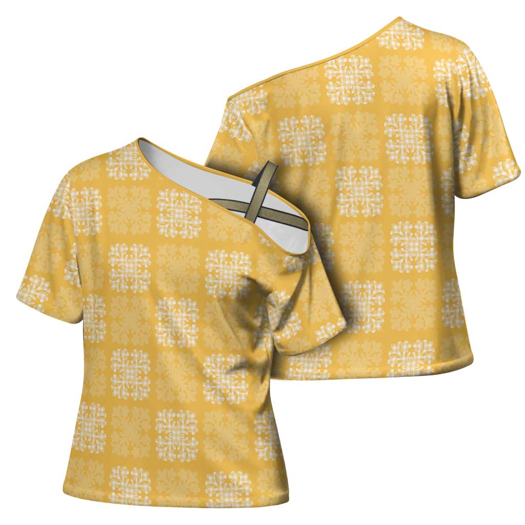 Yellow Palaka Quilt Hawaii Cross Shoulder Shirt Traditional Hawaii-plaid Pattern - Polynesian Pride