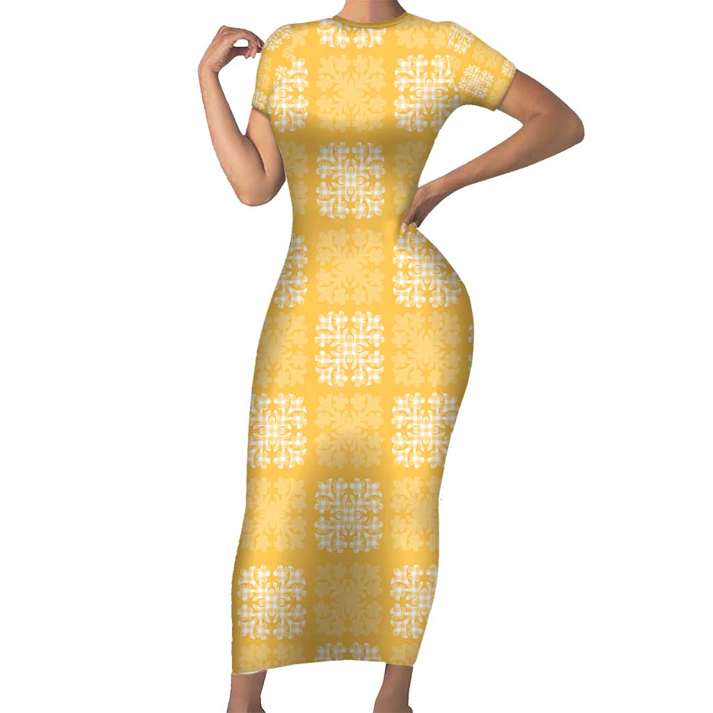 Yellow Palaka Quilt Hawaii Family Matching Short Sleeve Bodycon Dress and Hawaiian Shirt Traditional Hawaii-plaid Pattern - Polynesian Pride