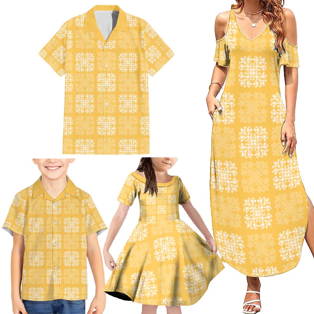 Yellow Palaka Quilt Hawaii Family Matching Summer Maxi Dress and Hawaiian Shirt Traditional Hawaii-plaid Pattern - Polynesian Pride