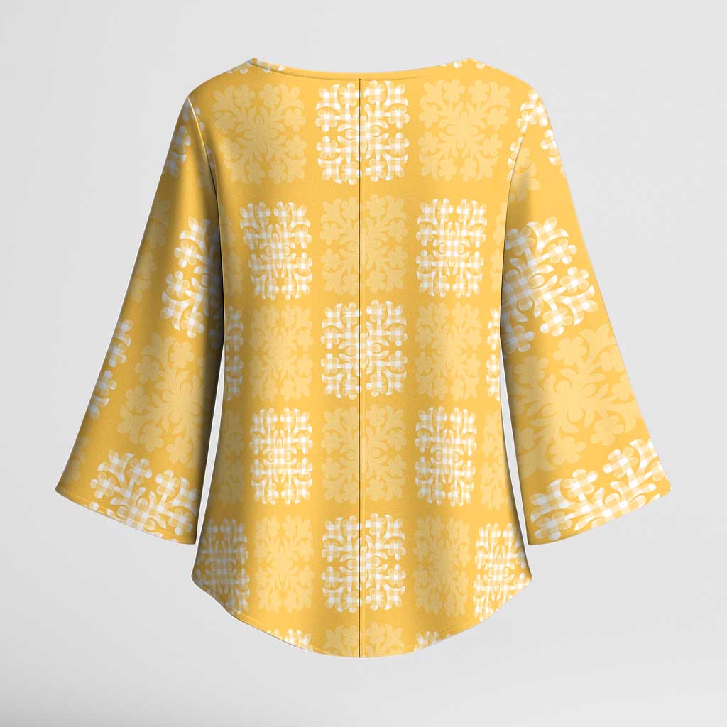Yellow Palaka Quilt Hawaii Kimono Sleeve Blouse Traditional Hawaii-plaid Pattern - Polynesian Pride