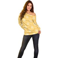 Yellow Palaka Quilt Hawaii Off Shoulder Sweater Traditional Hawaii-plaid Pattern - Polynesian Pride