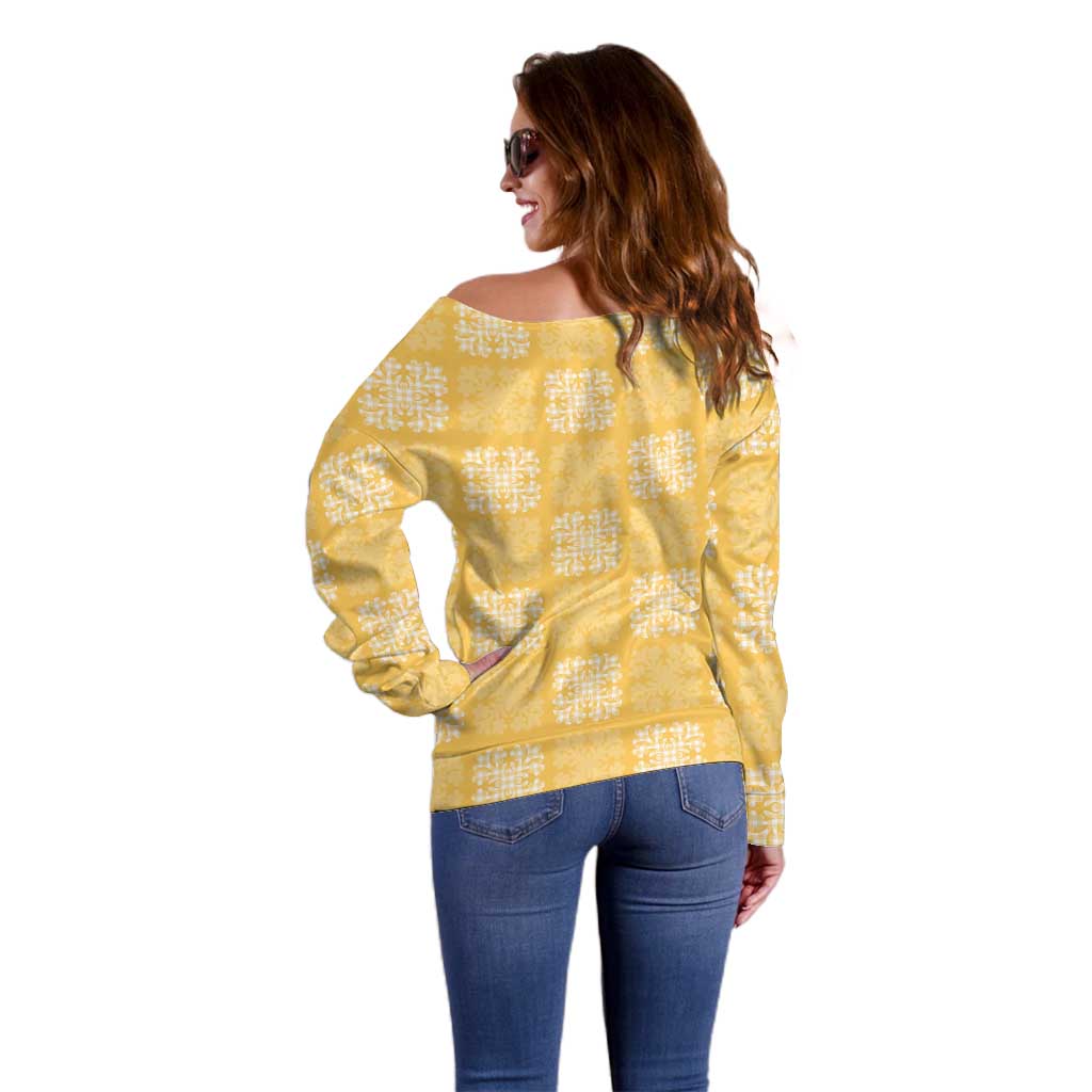 Yellow Palaka Quilt Hawaii Off Shoulder Sweater Traditional Hawaii-plaid Pattern - Polynesian Pride
