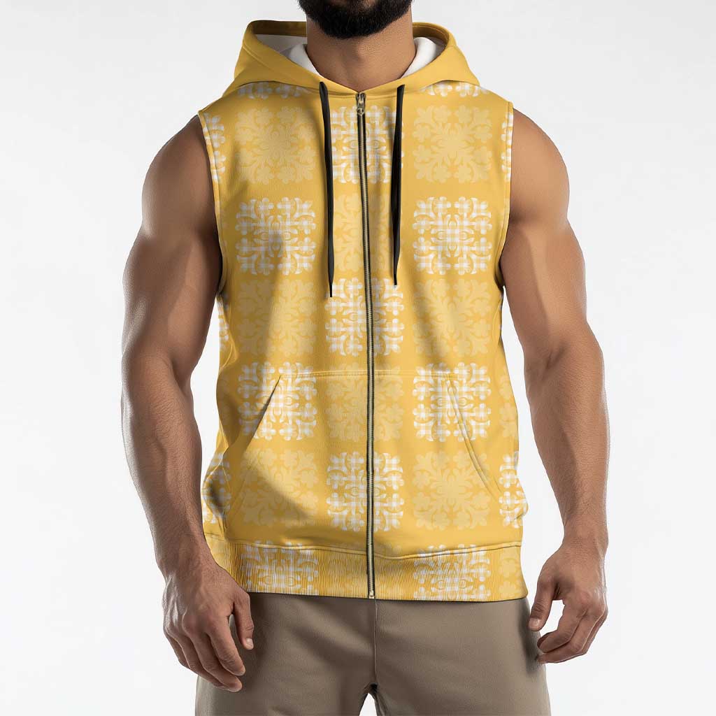 Yellow Palaka Quilt Hawaii Sleeveless Zip Hoodie Traditional Hawaii-plaid Pattern - Polynesian Pride