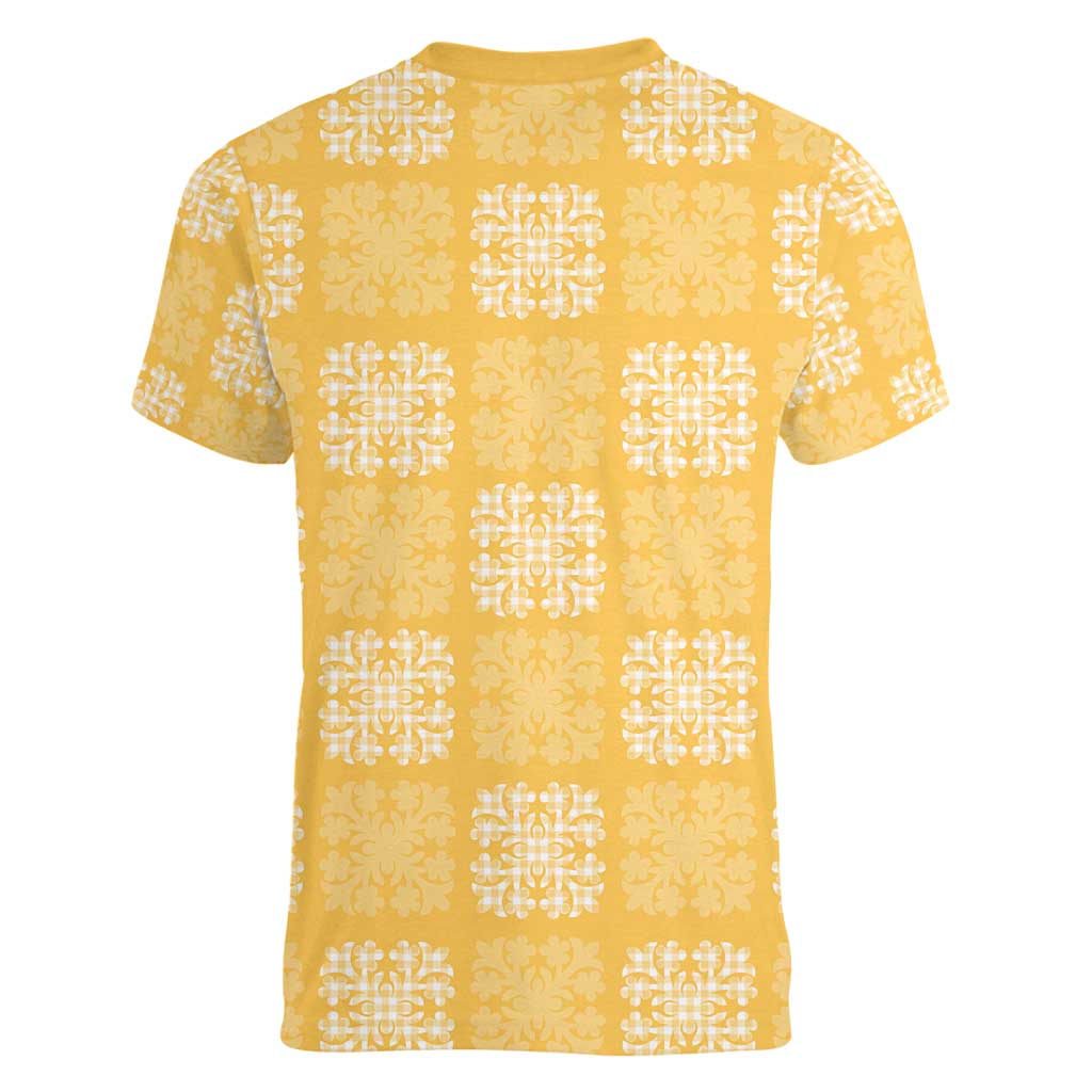 Yellow Palaka Quilt Hawaii Women V-Neck T-Shirt Traditional Hawaii-plaid Pattern - Polynesian Pride