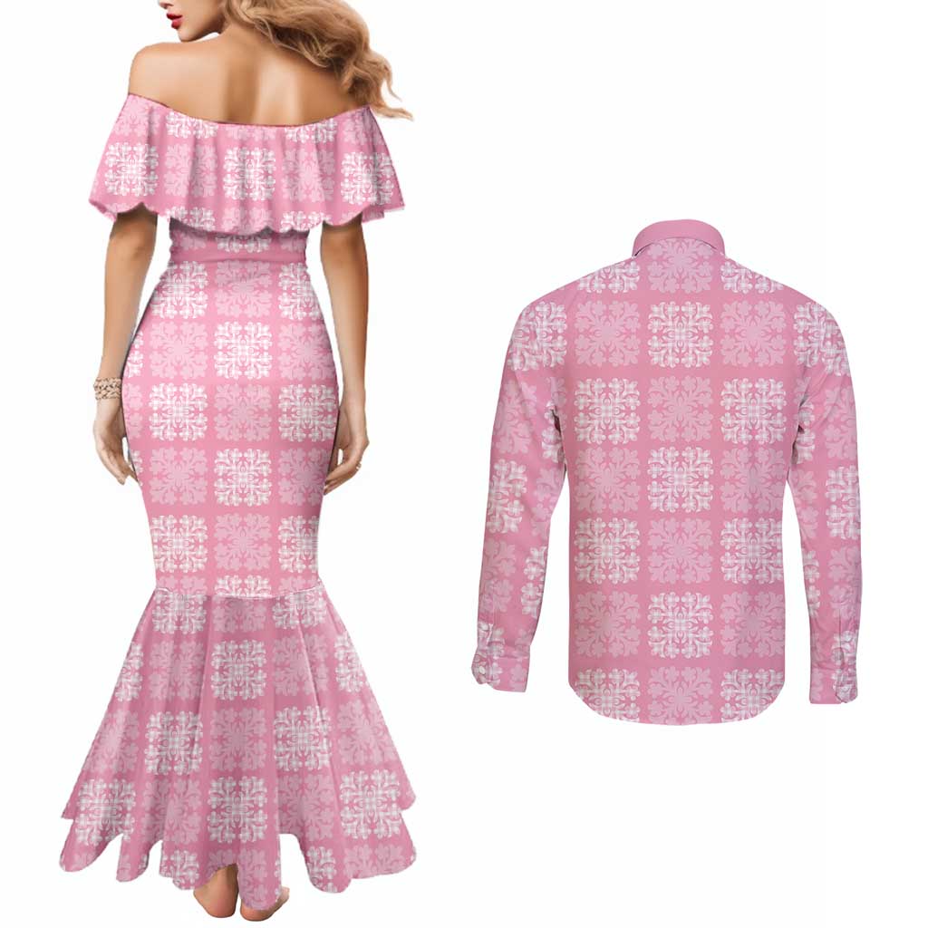 Pink Palaka Quilt Hawaii Couples Matching Mermaid Dress and Long Sleeve Button Shirt Traditional Hawaii-plaid Pattern - Polynesian Pride
