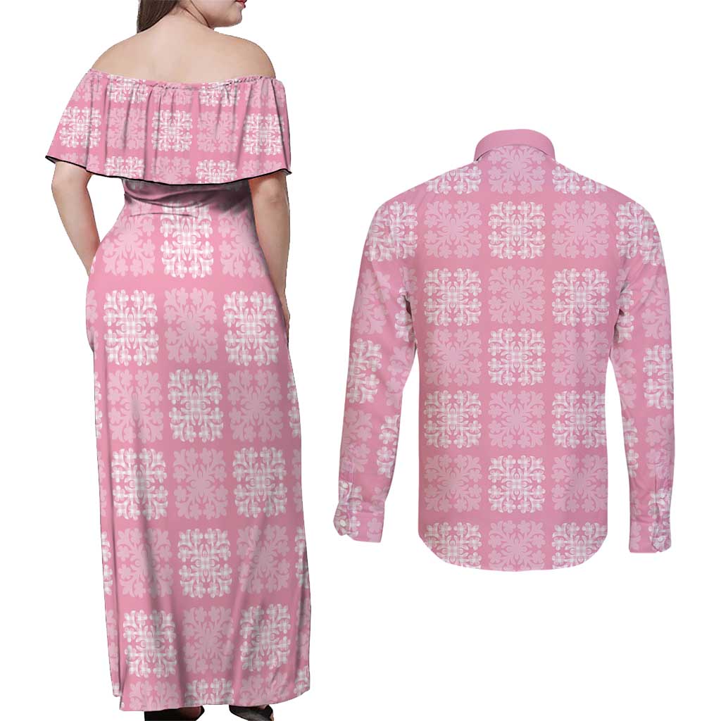 Pink Palaka Quilt Hawaii Couples Matching Off Shoulder Maxi Dress and Long Sleeve Button Shirt Traditional Hawaii-plaid Pattern - Polynesian Pride