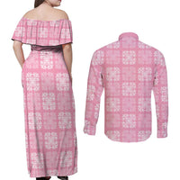 Pink Palaka Quilt Hawaii Couples Matching Off Shoulder Maxi Dress and Long Sleeve Button Shirt Traditional Hawaii-plaid Pattern - Polynesian Pride