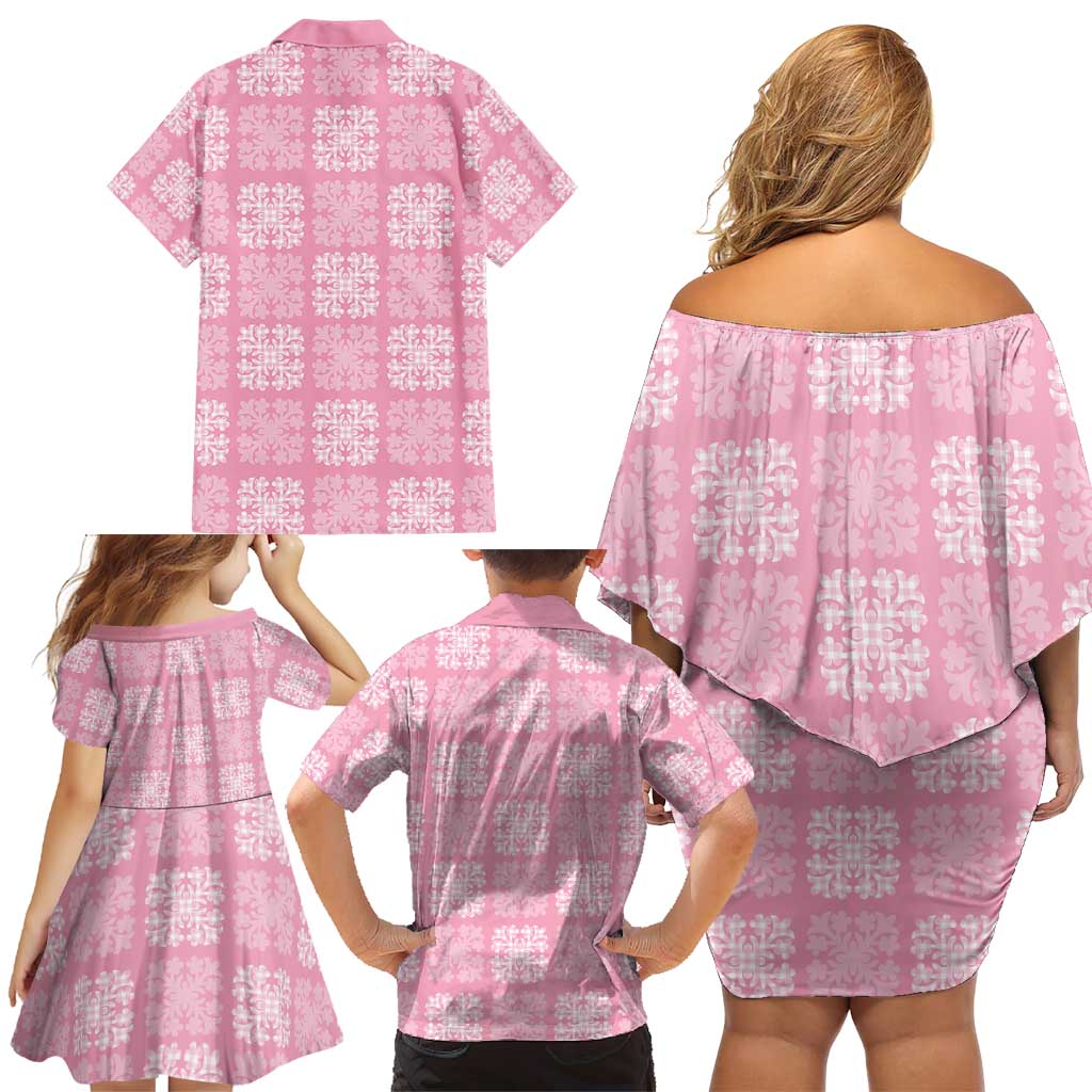 Pink Palaka Quilt Hawaii Family Matching Off Shoulder Short Dress and Hawaiian Shirt Traditional Hawaii-plaid Pattern - Polynesian Pride